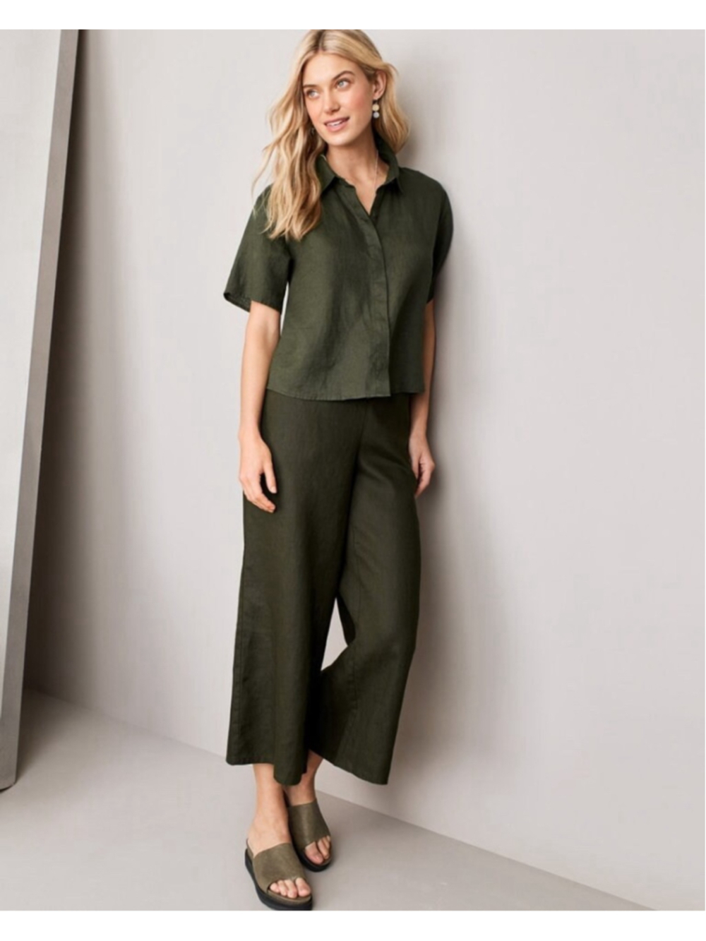 Eileen Fisher Organic Linen Wide Leg Cropped Pants Black L Capsule EXCELLENT